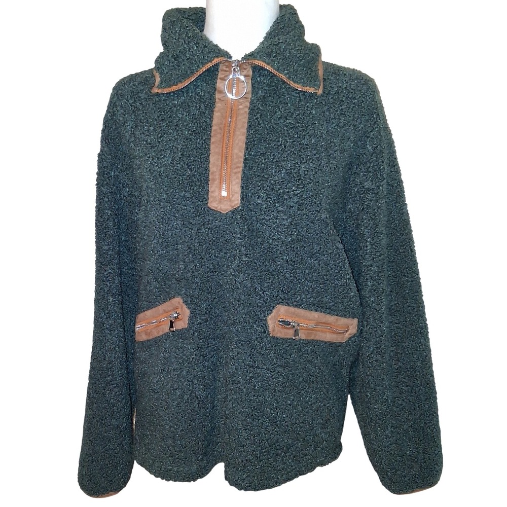 Varley Women's XS Pullover Anthropology Fleece 1/4 Zip Green Brown Trim Pockets